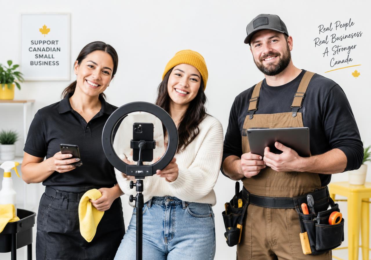 Small-business owners and a creator smiling together