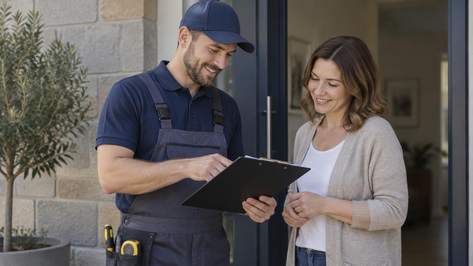 A tradesperson going through a written quote with a homeowner at the front door