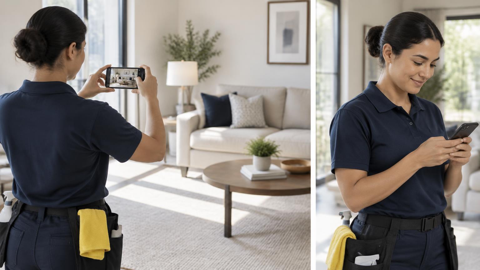 A service professional photographing finished work and replying to a customer message